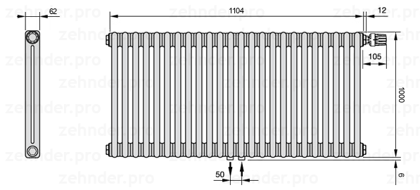 Схема (чертеж) Радиатор Zehnder Charleston 2100/24 №V008 Белый глянцевый RAL 9016